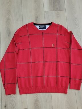 Tommy Hilfiger Red Grid-Pattern Crewneck Sweater - Men's